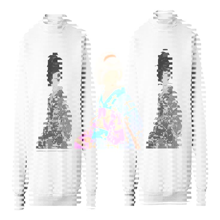 青い着物を着た美しい芸者 日本画 鳥居 言人 帯 美人画 新版画 日本画 長袖tシャツ スウェットシャツ