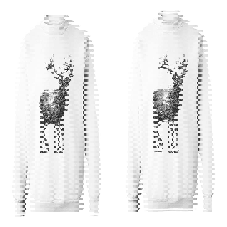 鹿 動物 プリント モチーフ 図面 イラスト ポートレート 鹿 スウェットシャツ