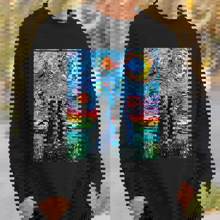 Aja 星月夜に2匹の黒猫 カラフルアート スウェットシャツ 彼への贈り物