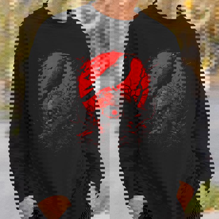 Black Gothic Raven Skull Red Moon Graphic Black Crow Sweatshirt Gifts for Him