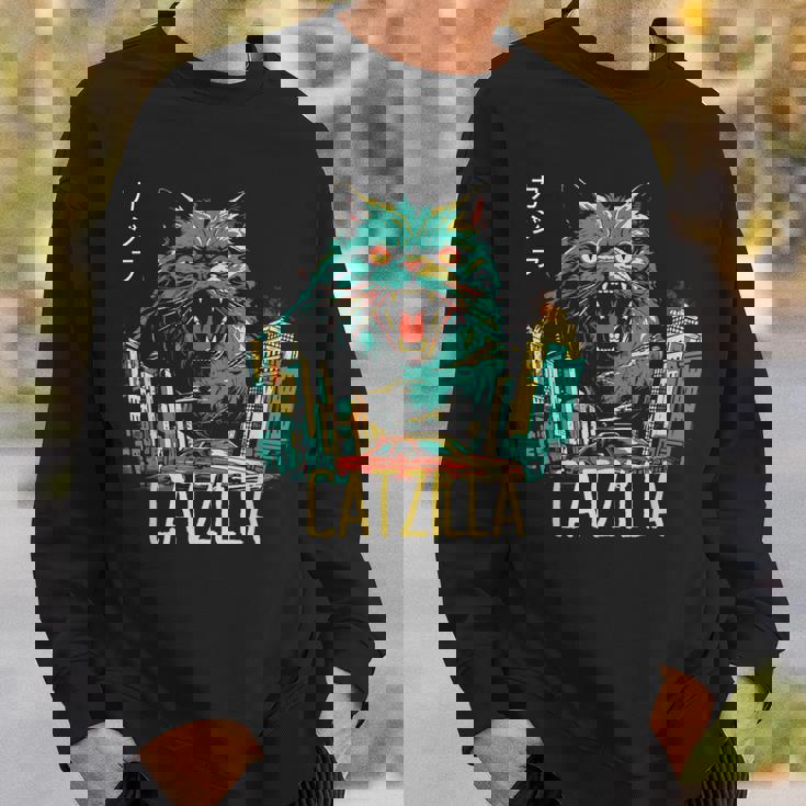 Catzilla ビンテージ 面白い かわいい 猫 アート スウェットシャツ 彼への贈り物