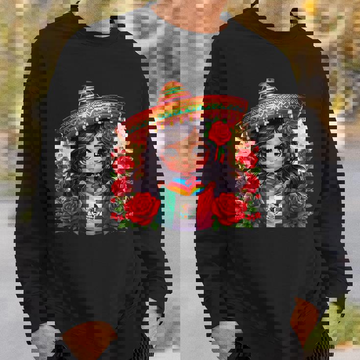 Long Haired Curvy Mexican Chibi Zarape Roses Mexican Pride スウェットシャツ 彼への贈り物