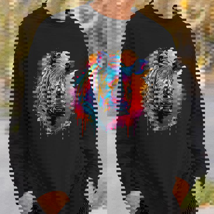 Rhinoceros アートワーク ポートレート 動物 アート カラフル スプラッシュ サイ スウェットシャツ 彼への贈り物