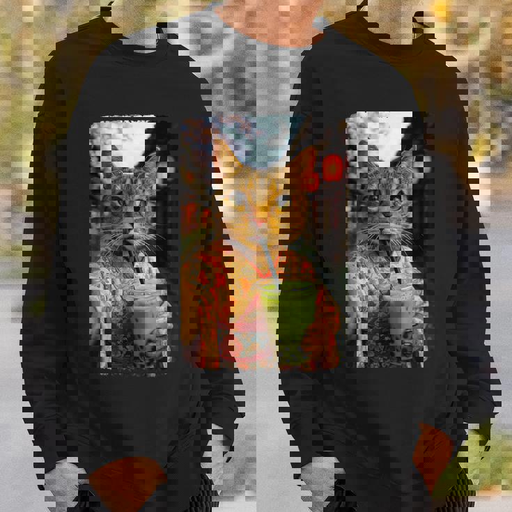 かわいい着物猫 自撮り 抹茶 バブルティー スウェットシャツ 彼への贈り物