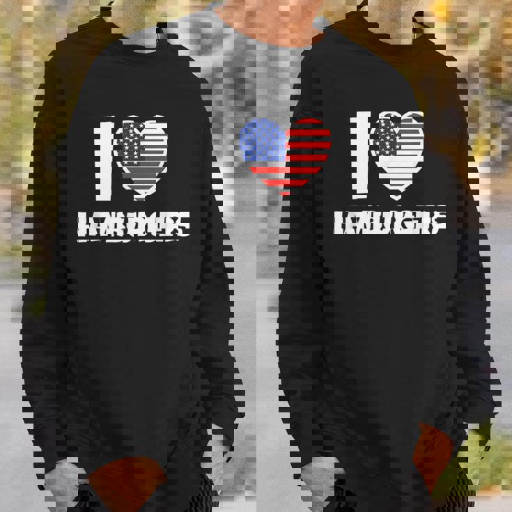 アメリカ国旗とハートのアイ・ラブ・ハンバーガー スウェットシャツ 彼への贈り物