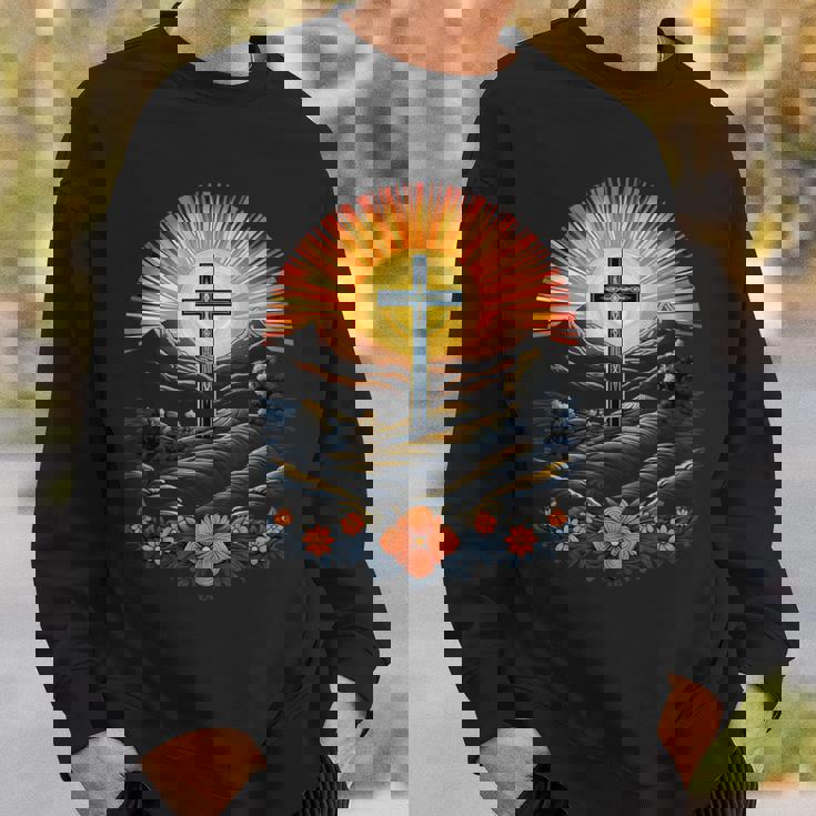 イースターデー クロスフラワー サンセット クリスチャン イースター スウェットシャツ 彼への贈り物