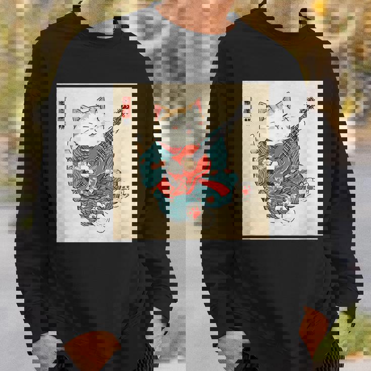 ギター奏でる猫 着物姿 ヴィンテージ 日本美術 面白い スウェットシャツ 彼への贈り物