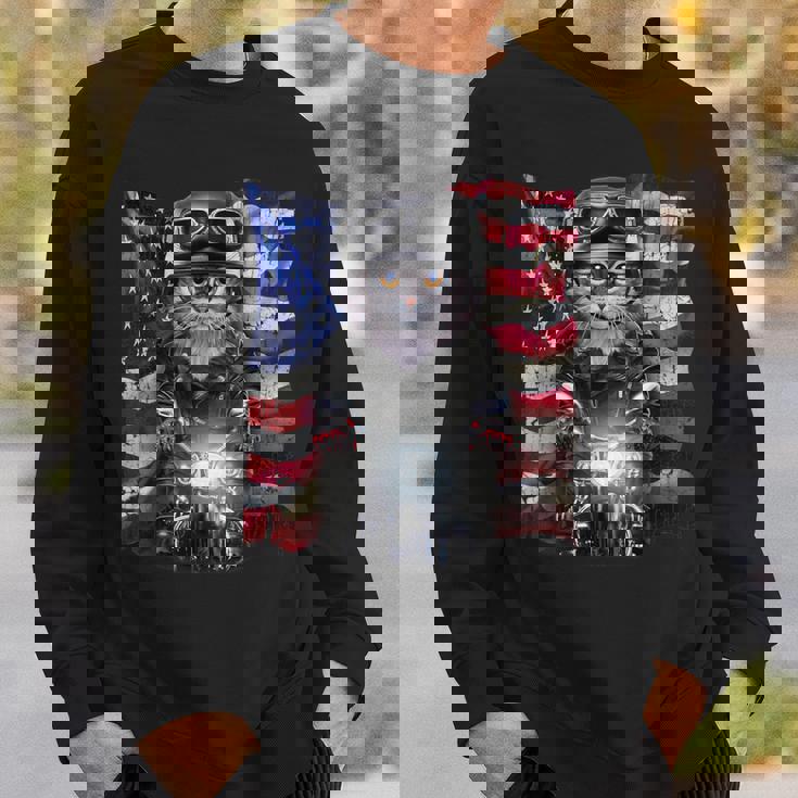 グレー 猫 ねこ バイク 星条旗 アメリカ スウェットシャツ 彼への贈り物