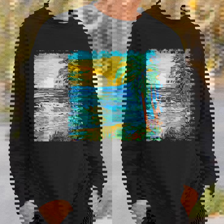 トロピカルビーチ 太陽 オーシャン ヤシの木 ゴッホスタイル アートデザイン スウェットシャツ 彼への贈り物