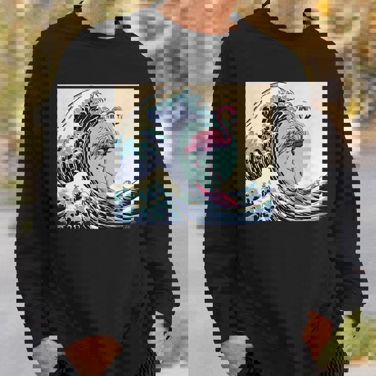 トロピカルピンク フラミンゴ グレートビッグウェーブサーファー オーシャンビーチ スウェットシャツ 彼への贈り物