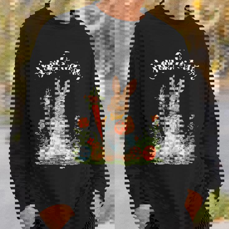 ハッピーイースターバニーニンジンイースターエッグ イースターラビットアートワーク スウェットシャツ 彼への贈り物