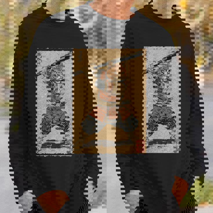 ビンテージアニメ 日本美術 野球選手の侍猫 長袖tシャツ スウェットシャツ 彼への贈り物