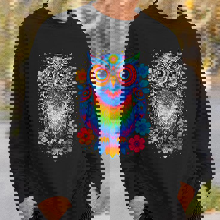 フクロウと花 カラフルなアートワーク フクロウの恋人 スウェットシャツ 彼への贈り物