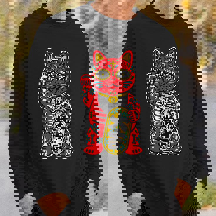 メキシコ 死者の日 と 招き猫 ネコ を組合わせた シュガー スカル キャット 赤 レッド 大吉 猫好き ねこマニア スウェットシャツ 彼への贈り物