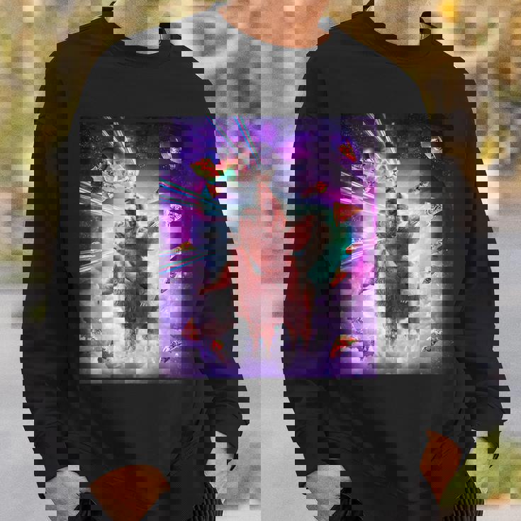 レーザーアイズスペースキャットライディングナマケモノ、ラマ-レインボー スウェットシャツ 彼への贈り物