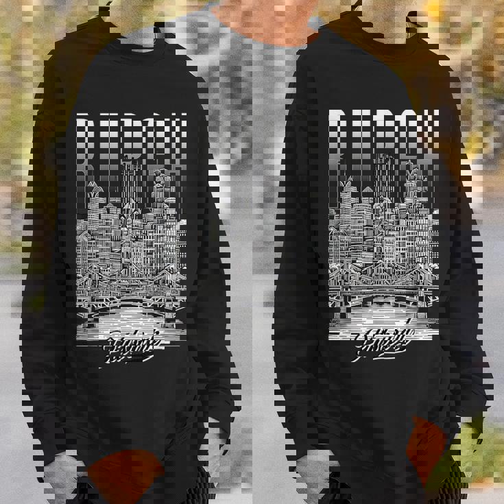 ヴィンテージ ピッツバーグ スカイライン ドローイング バーグ スチール シティ ブリッジ スウェットシャツ 彼への贈り物