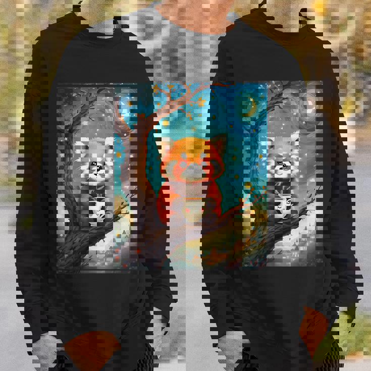 愛らしいレッサーパンダとティーカップの星月夜イラスト スウェットシャツ 彼への贈り物