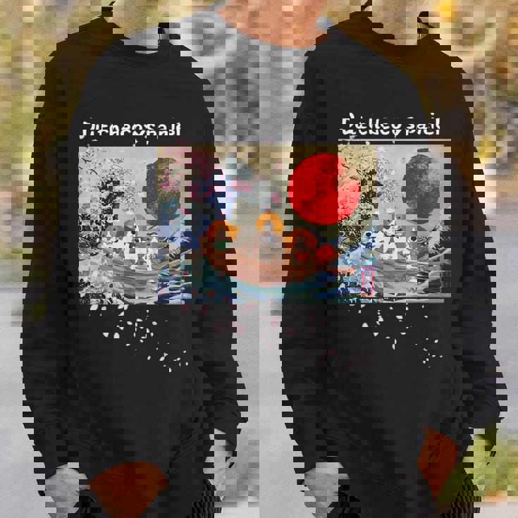 日本 版画 ダッチ デコイ スパニエル デコピン 神奈川の波 海 桜 スウェットシャツ 彼への贈り物