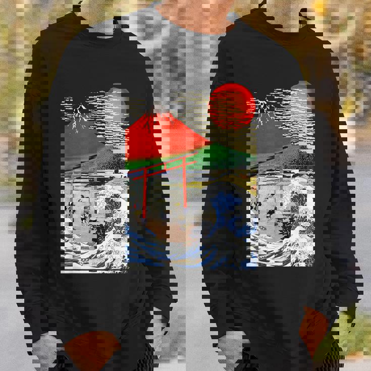 江戸日本 浮世白斎 赤富士山・津波 スウェットシャツ 彼への贈り物