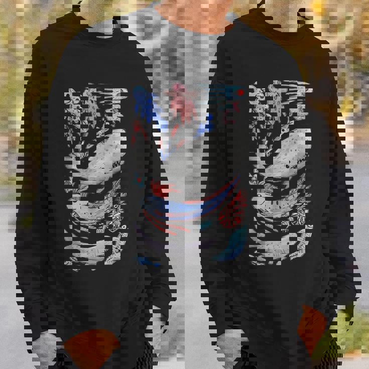 深海の海の生き物 オールフィッシュホエールサメ 水彩画 スウェットシャツ 彼への贈り物