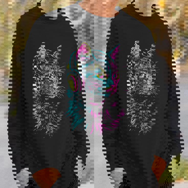 猫 動物 モチーフ 音楽 ヘッドホン イラスト 猫 スウェットシャツ 彼への贈り物