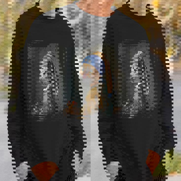 真珠のイヤリングを持つ少女 猫 パロディアート 面白い ヤン・フェルメール スウェットシャツ 彼への贈り物