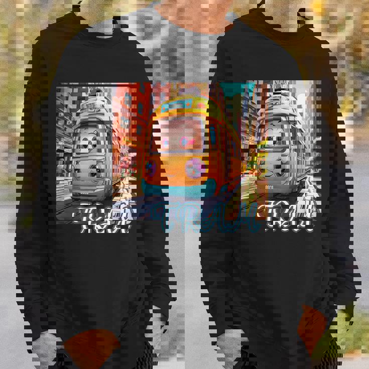 路面電車 Tram かわいい乗り物 おもちゃの乗り物 漫画風電車 鉄道ファン 鉄道旅行 鉄道模型ファン 鉄道風景 スウェットシャツ 彼への贈り物