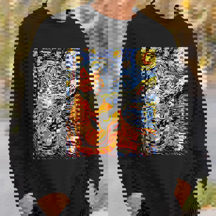 面白いレトロなデザインの猫がギターを弾く 星月夜 スウェットシャツ 彼への贈り物