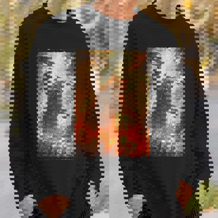 面白いレトロ日本の怪獣モンスター猫セルフィー東京ufo スウェットシャツ 彼への贈り物