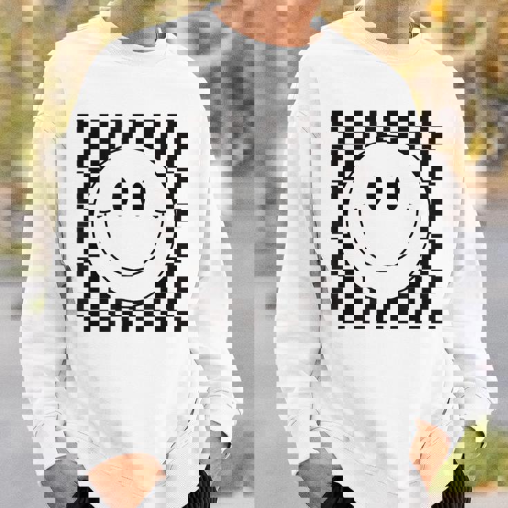 イエロー スマイル フェイスシャツ かわいい チェック柄 スマイル ハッピー スウェットシャツ 彼への贈り物