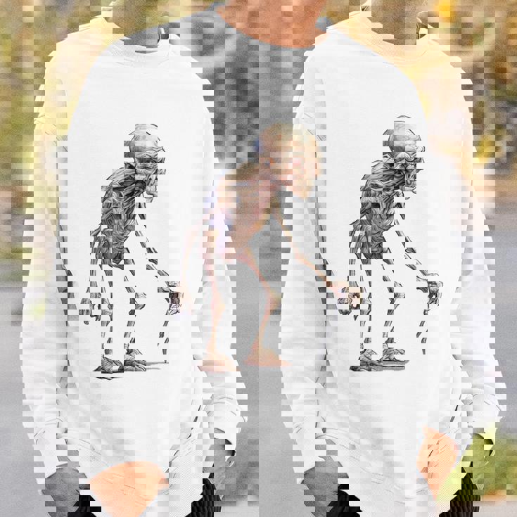 エイリアン スケルトン クリーチャー 松葉杖 スティック スウェットシャツ 彼への贈り物