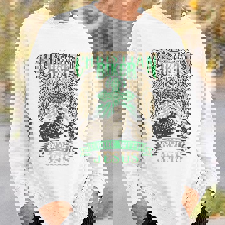 キリスト教バイカーライドウィズジーザスオートバイバックプリントデザイン スウェットシャツ 彼への贈り物