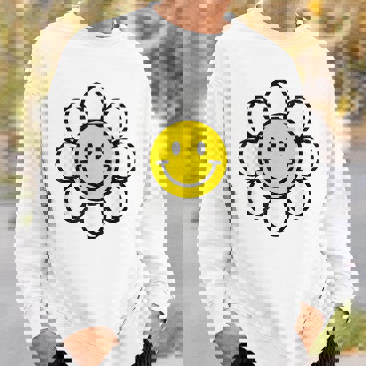 レトロ ヴィンテージ イエロー ハッピー スマイル スマイル フェイス デイジーフラワー スウェットシャツ 彼への贈り物