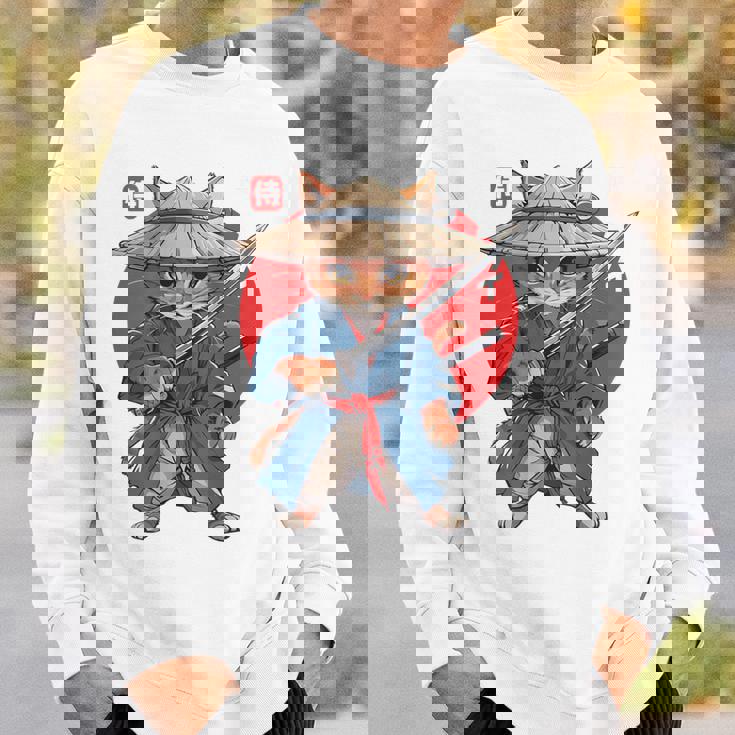 日本の侍 猫戦士 浮世侍 バックプリント スウェットシャツ 彼への贈り物