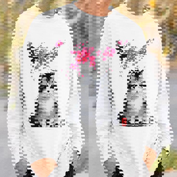 日本の墨絵マンチキン猫 桜 桜アート スウェットシャツ 彼への贈り物