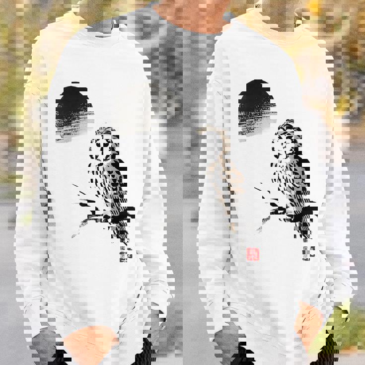 日本製 墨絵 ふくろう アート 墨筆 絵 漢字 知恵 – 日本文化デザイン スウェットシャツ 彼への贈り物