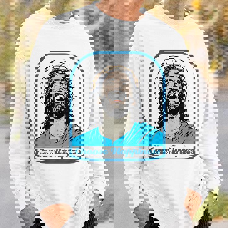 笑うイエス キリスト 喜び 幸せな笑顔 自信 いばらの冠 満足感 クリスマスプレゼント 贈り物 お土産 ポジティブ スウェットシャツ 彼への贈り物