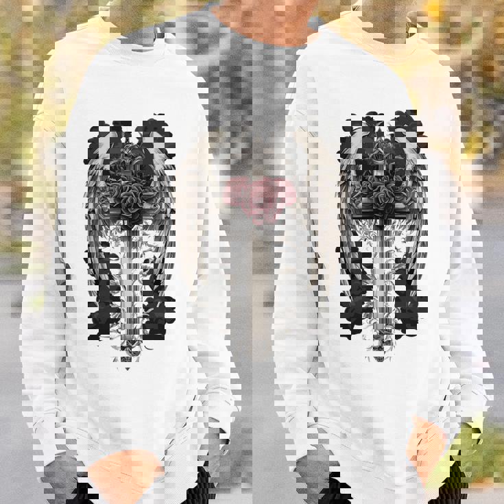 翼とバラのゴシック・クロス 長袖tシャツ スウェットシャツ 彼への贈り物