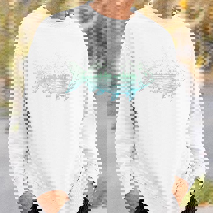 背中 山から形をした涼しい魚 自然 情景 釣り スウェットシャツ 彼への贈り物