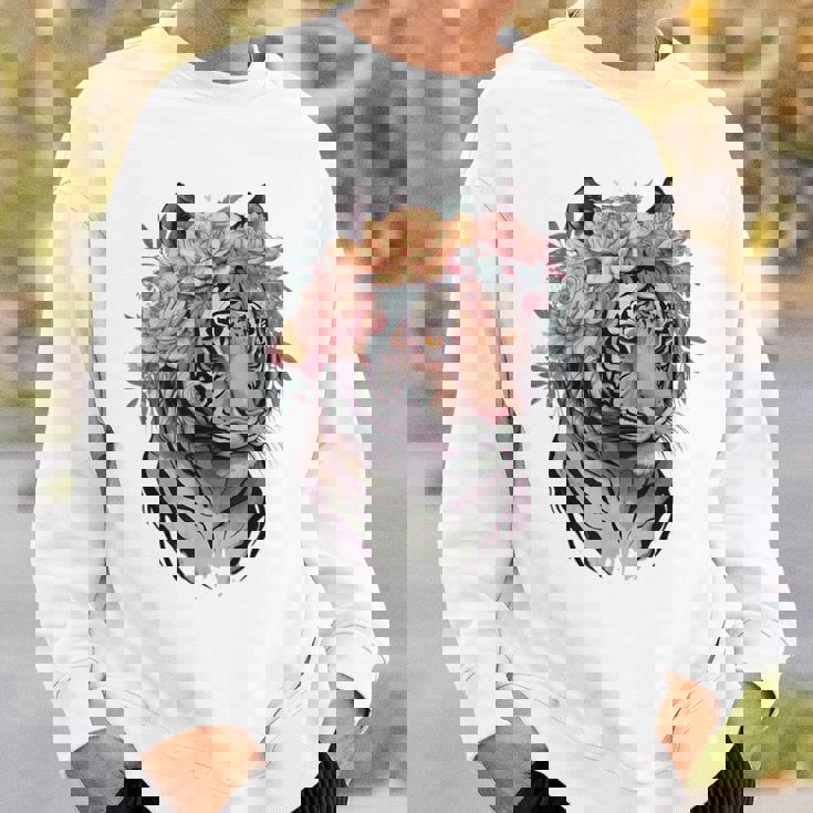 花柄 水彩 虎 花 王冠 虎好き スウェットシャツ 彼への贈り物