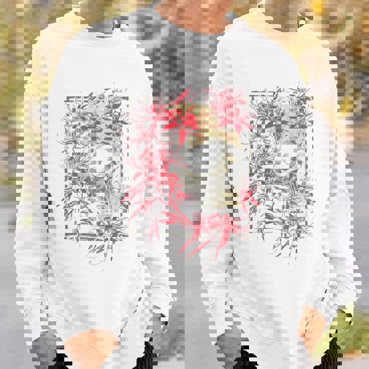 赤いクモのユリの花 日本の頭蓋骨 オタクのバックプリント スウェットシャツ 彼への贈り物