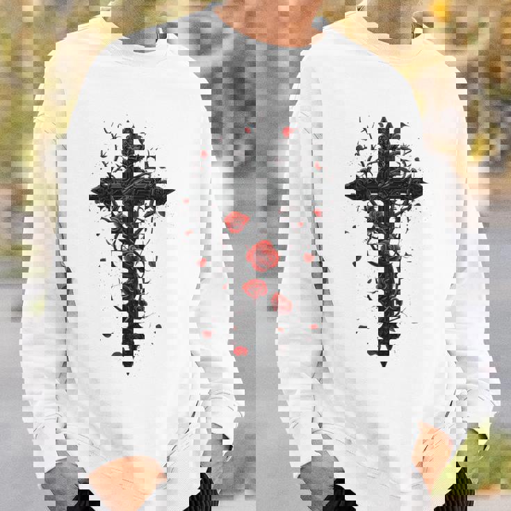 赤いバラのゴシック・クロス 長袖tシャツ スウェットシャツ 彼への贈り物