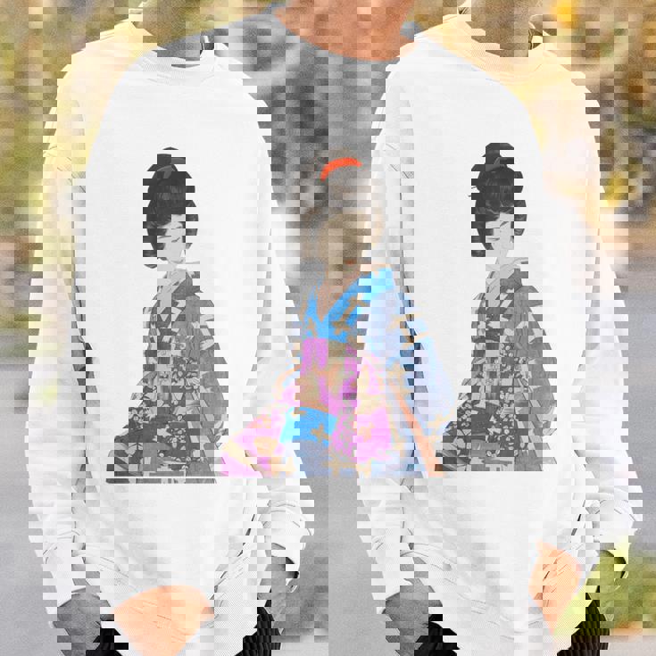 青い着物を着た美しい芸者 日本画 鳥居 言人 帯 美人画 新版画 日本画 長袖tシャツ スウェットシャツ 彼への贈り物