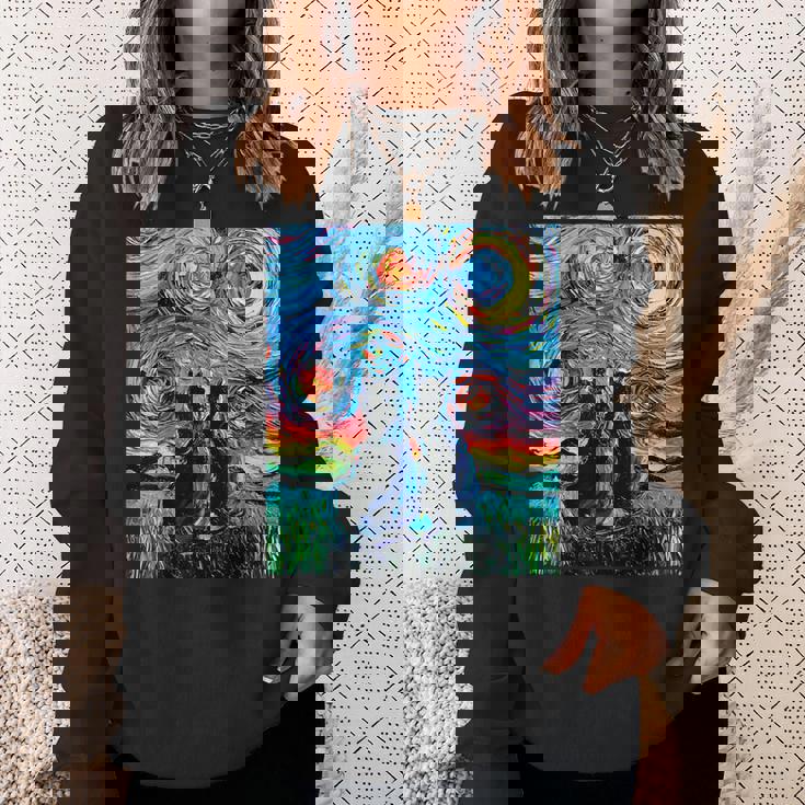 Aja 星月夜に2匹の黒猫 カラフルアート スウェットシャツ 彼女への贈り物