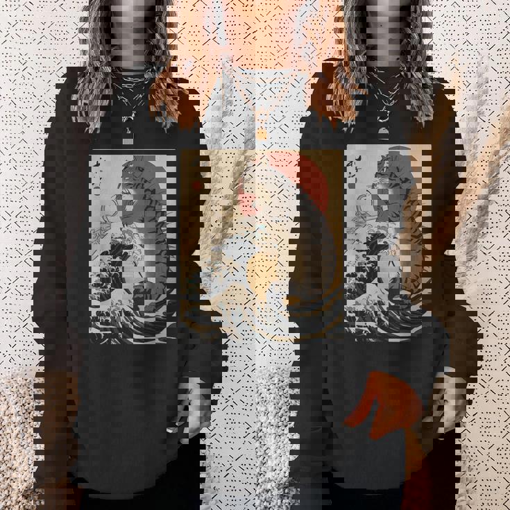 Catzilla 日本の波 ヴィンテージ 夕日 面白い 猫 アート スウェットシャツ 彼女への贈り物