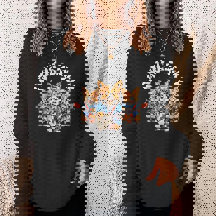 Corgis Rock かわいいコーギー犬トリオ ロックアウト ギターを弾く スウェットシャツ 彼女への贈り物