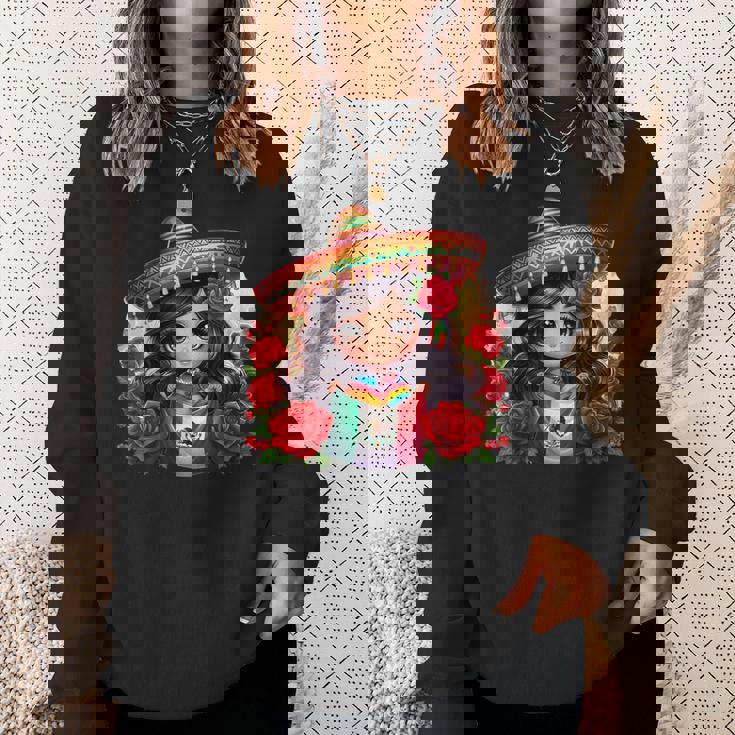 Long Haired Curvy Mexican Chibi Zarape Roses Mexican Pride スウェットシャツ 彼女への贈り物