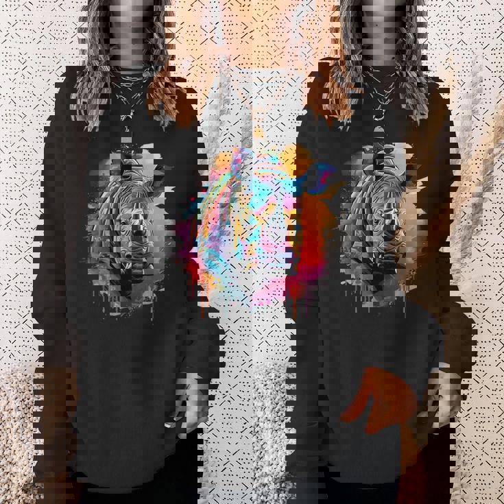 Rhinoceros アートワーク ポートレート 動物 アート カラフル スプラッシュ サイ スウェットシャツ 彼女への贈り物