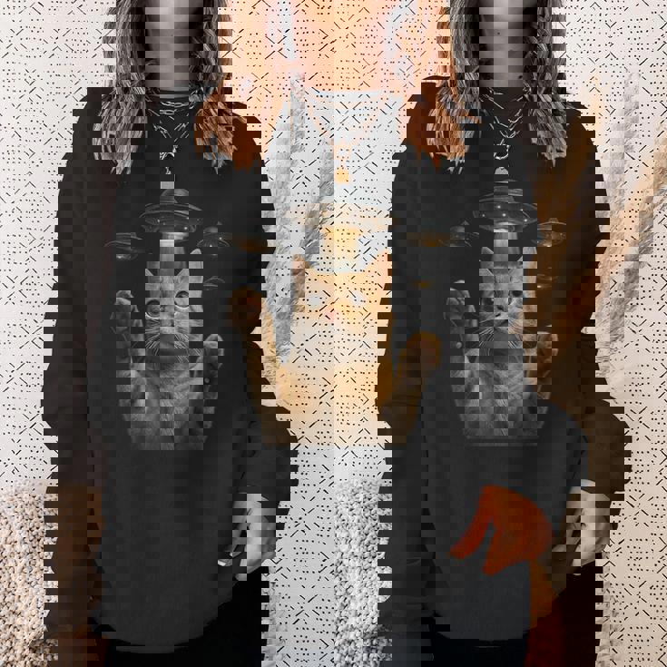 Ufo 誘拐 猫 面白い エイリアン ビーム リアル スタイル スウェットシャツ 彼女への贈り物