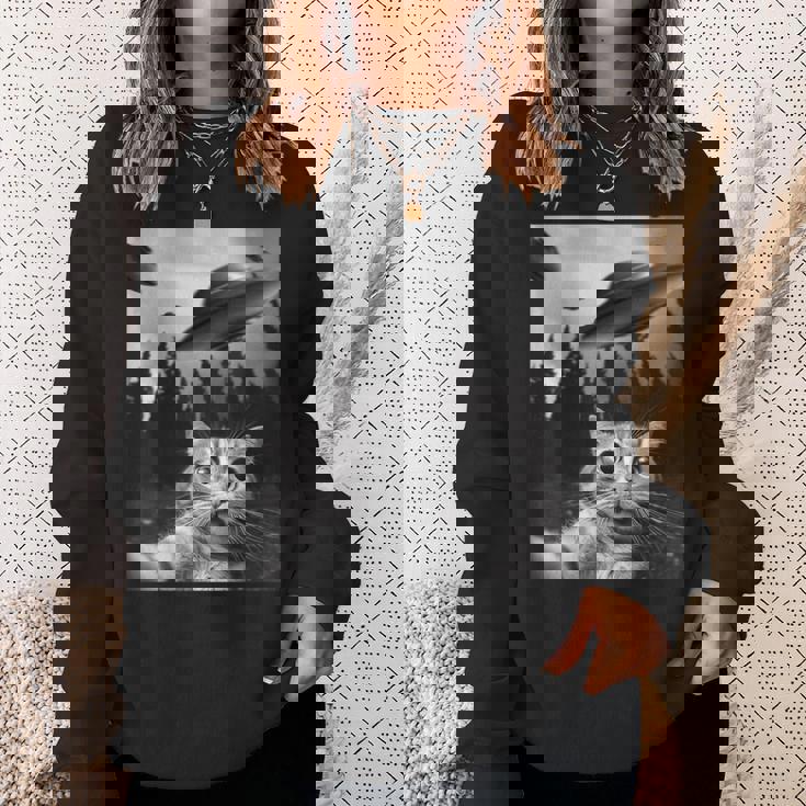 Ufo付き面白い猫セルフィー スウェットシャツ 彼女への贈り物